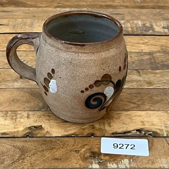 Vintage Mexican Folk Art Pottery Tonala Sand Mug Floral Design Signed - Picture 12 of 12